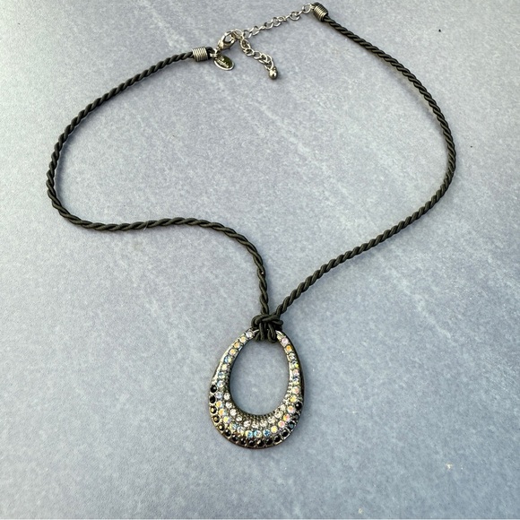 Lia Sophia Retired Black Cord Necklace w/ Sparkly Crystal Teardrop Oval Pendant - Picture 14 of 16